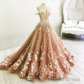 Long Champagne Prom Dress Lace Embroidery Off Shoulder Tulle Ball Gown Wedding Dresses